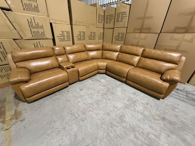 Modena Modular Lounge with 3x Electric recliners Tan leather match