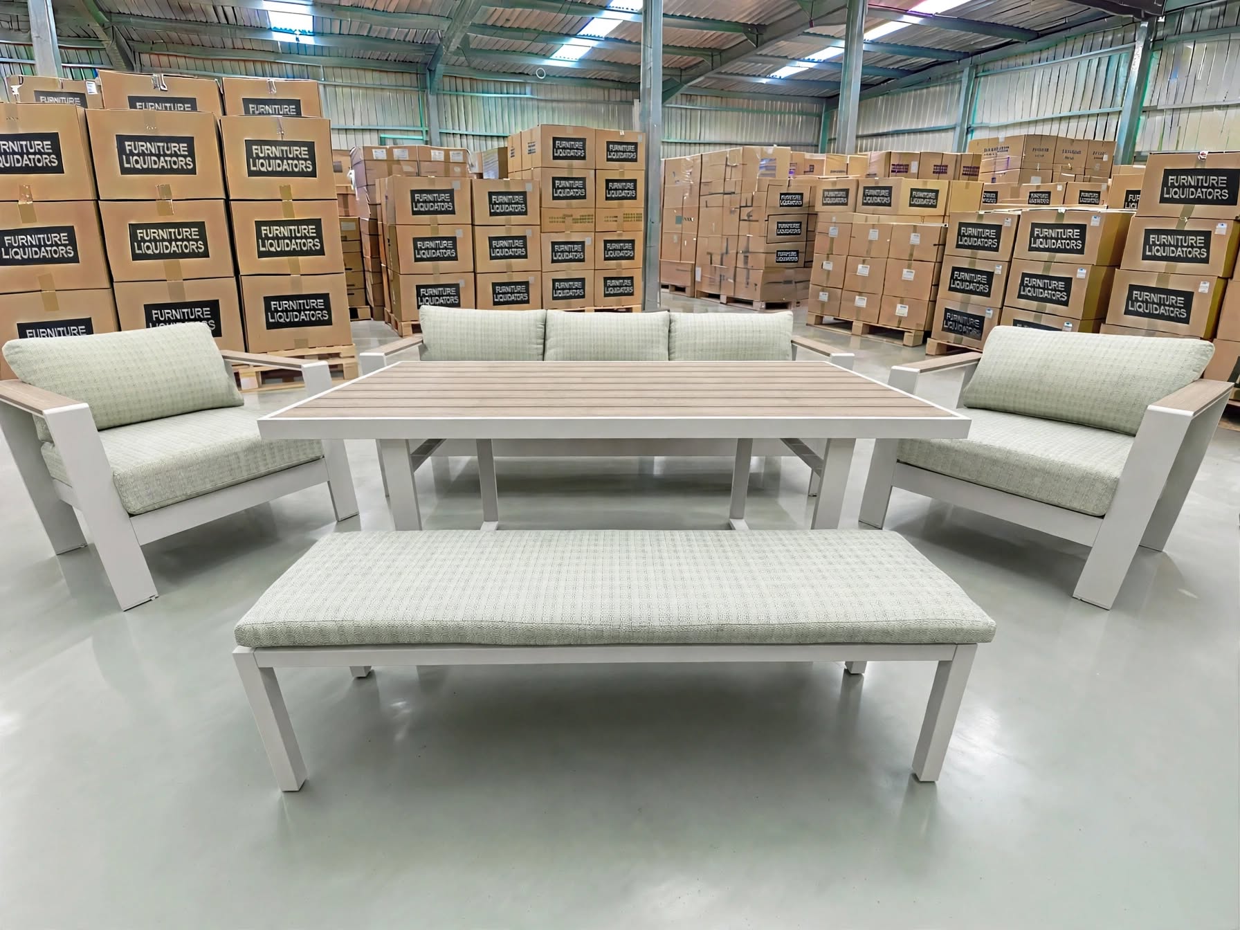 Belden 5PCE Low Dining Setting Table, Bench, Sofa, 2x Single