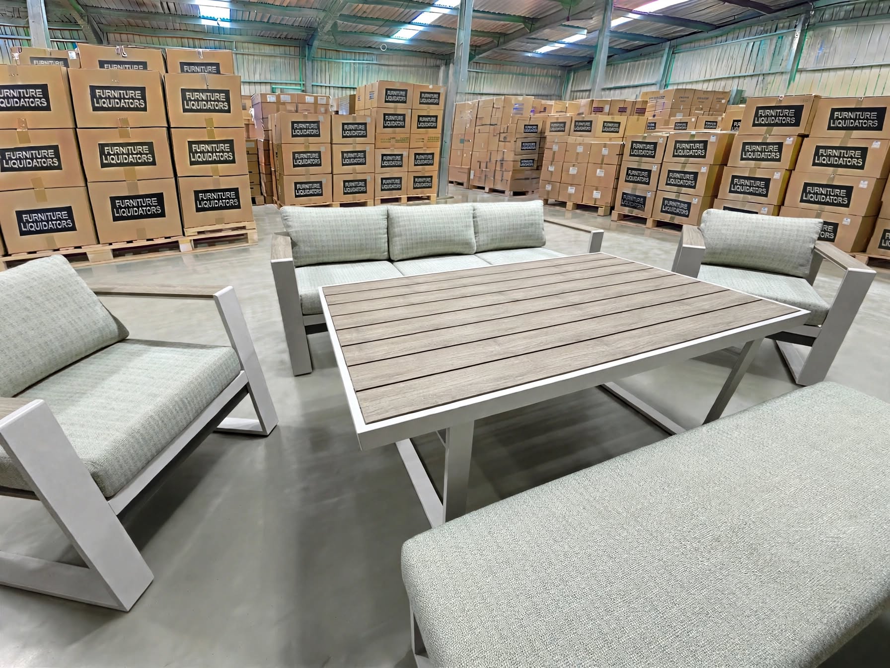 Belden 5PCE Low Dining Setting Table, Bench, Sofa, 2x Single