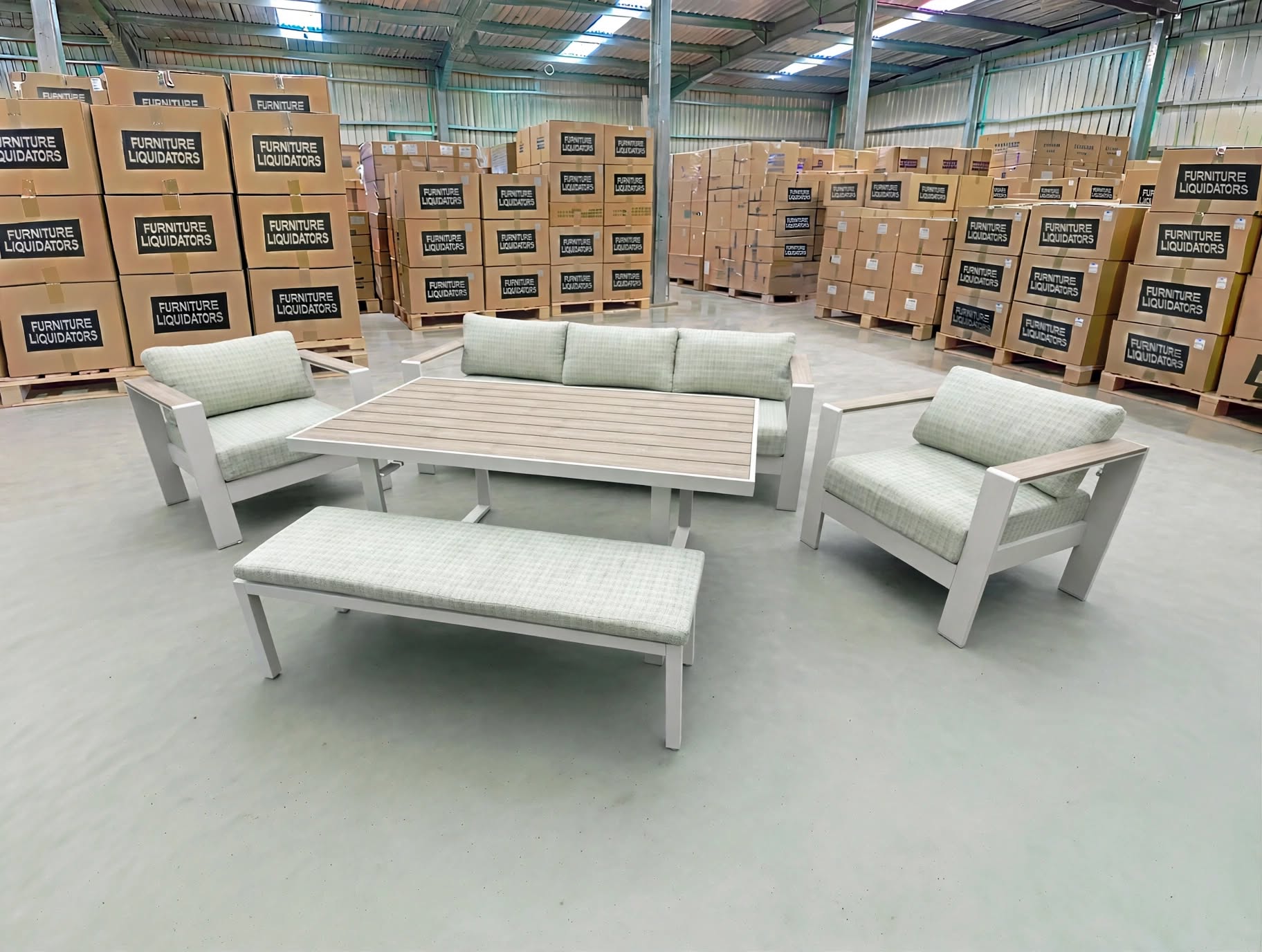 Belden 5PCE Low Dining Setting Table, Bench, Sofa, 2x Single