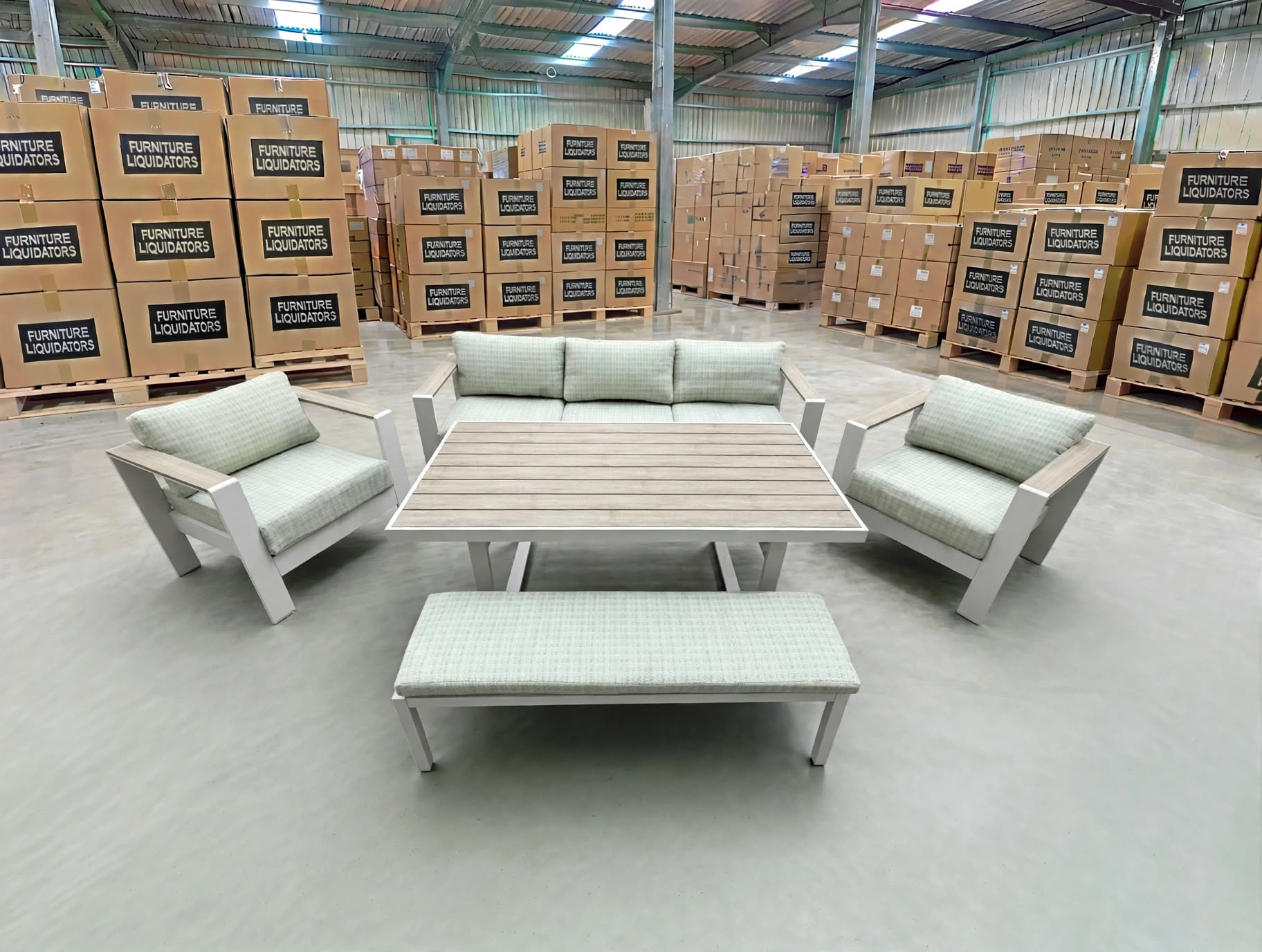 Belden 5PCE Low Dining Setting Table, Bench, Sofa, 2x Single