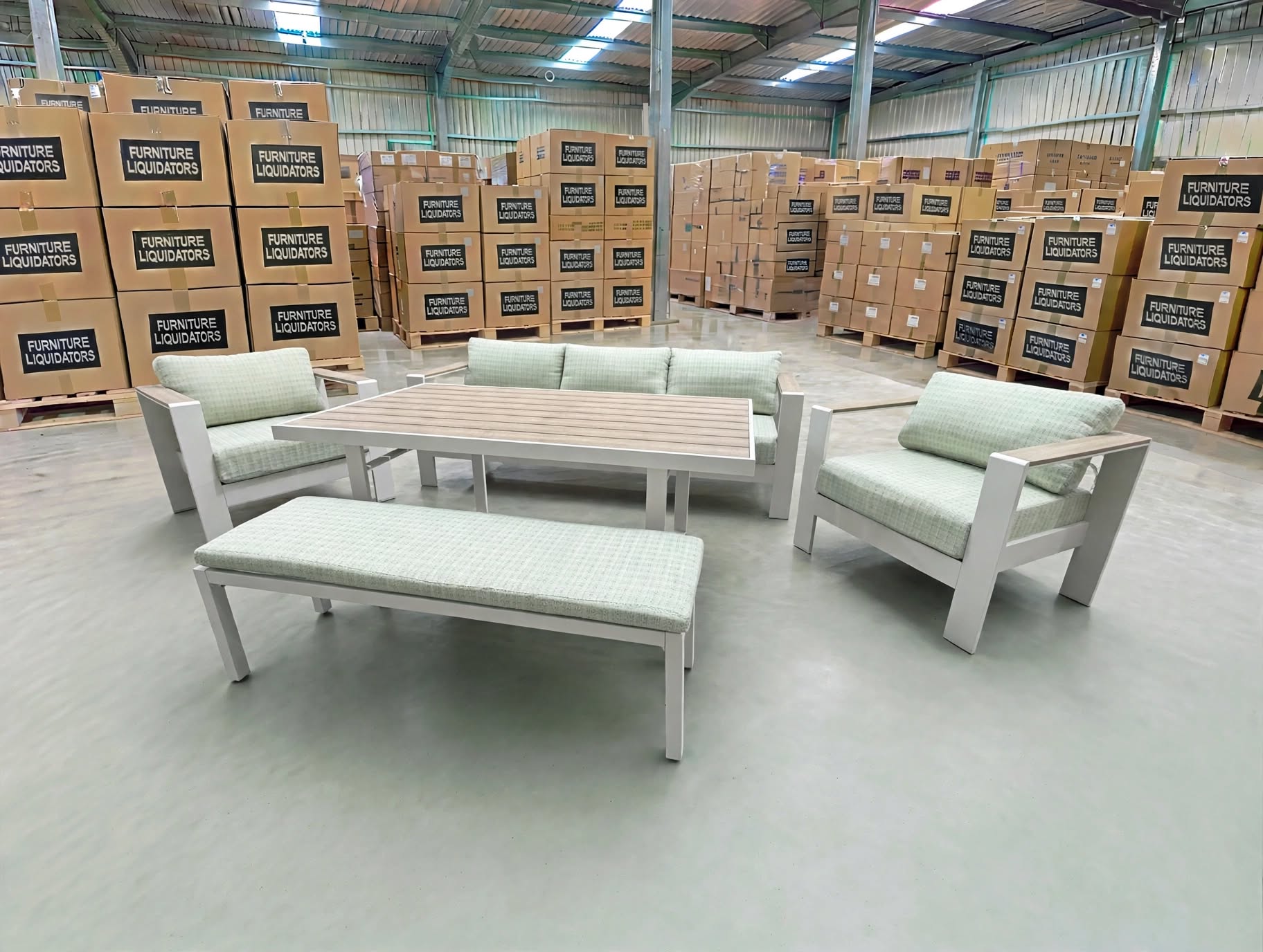 Belden 5PCE Low Dining Setting Table, Bench, Sofa, 2x Single