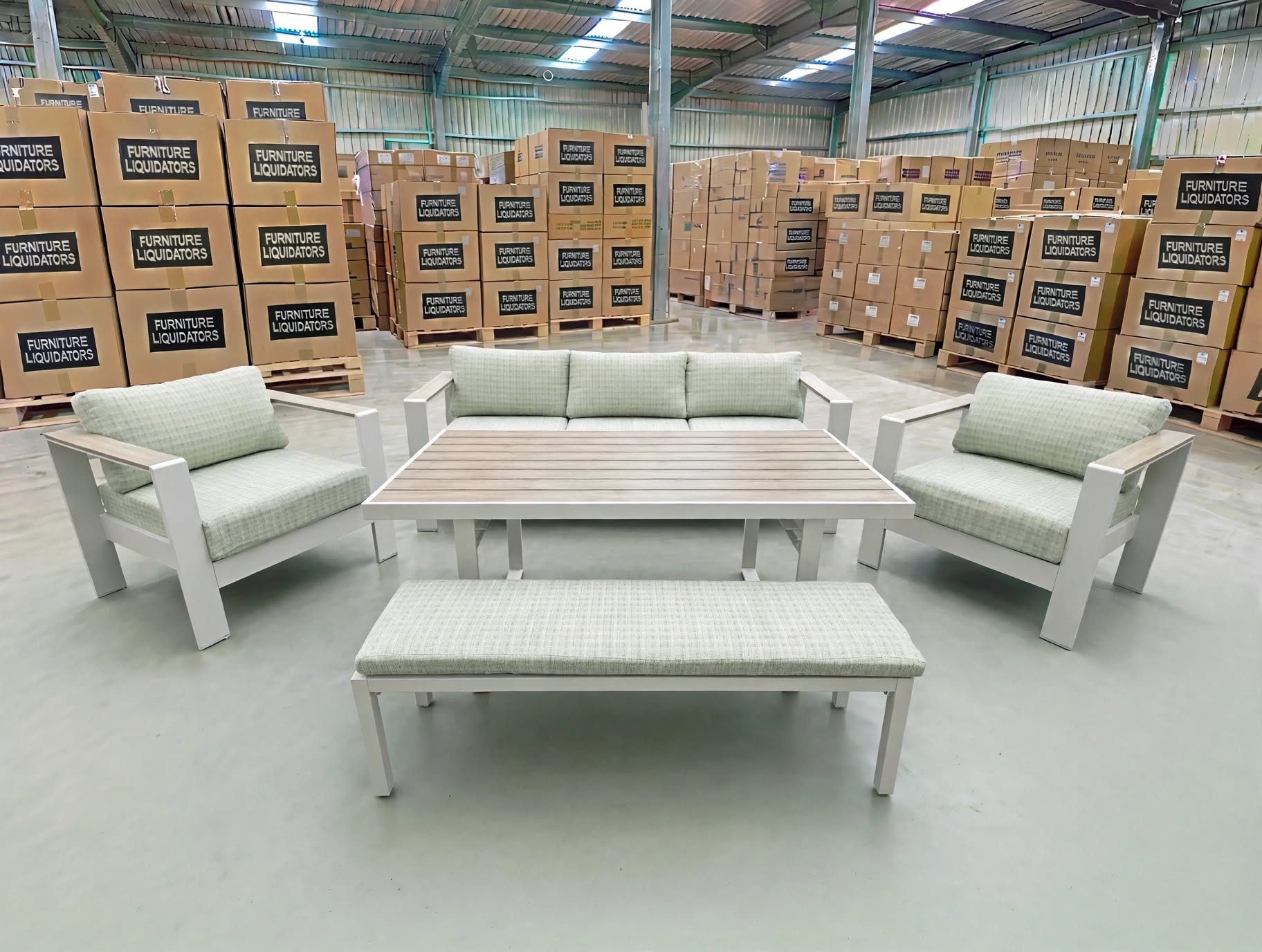 Belden 5PCE Low Dining Setting Table, Bench, Sofa, 2x Single