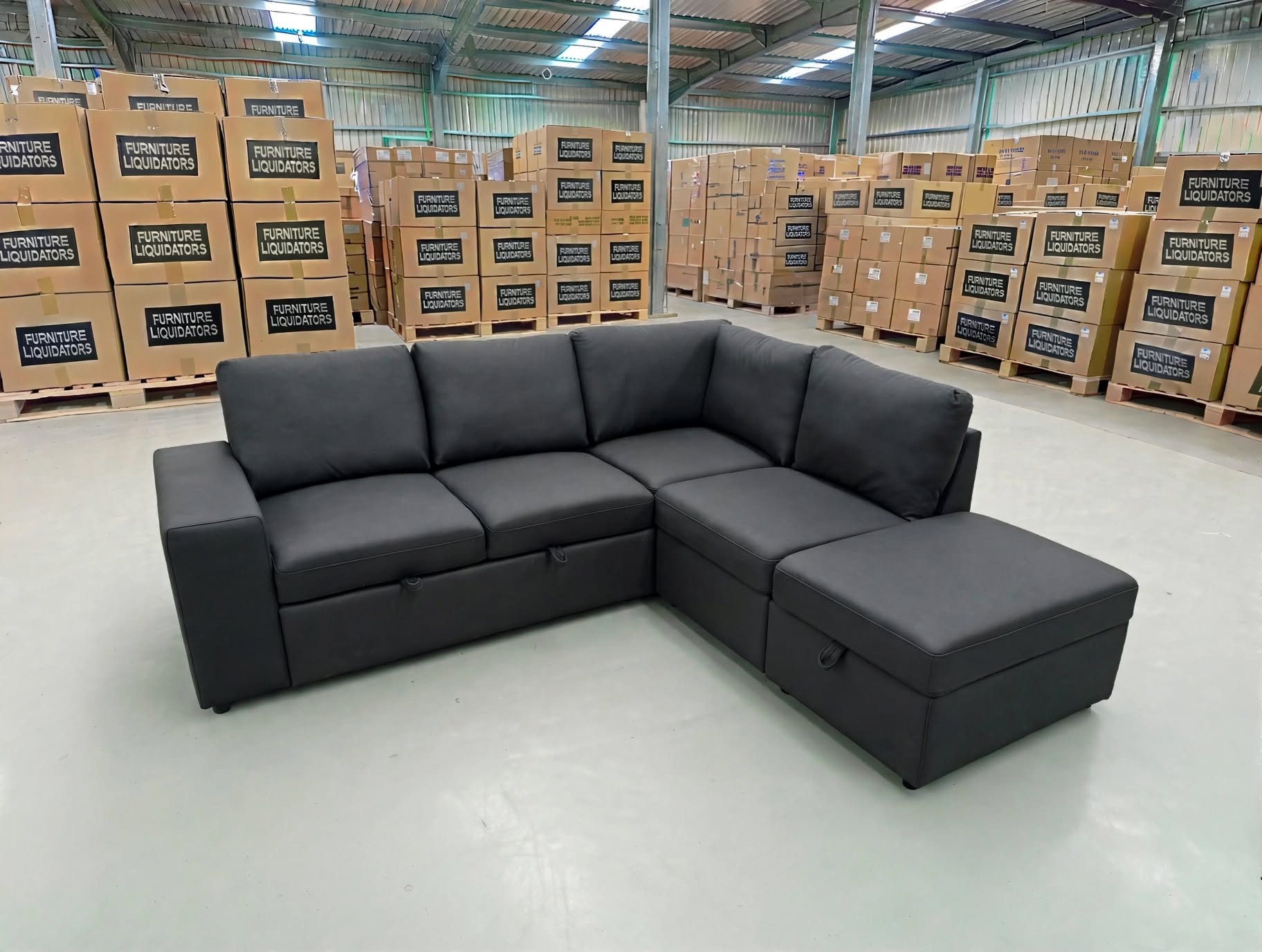 Denzo RHF Chaise Lounge With Trundle Bed & Storage Ottoman Soft Black Rhino