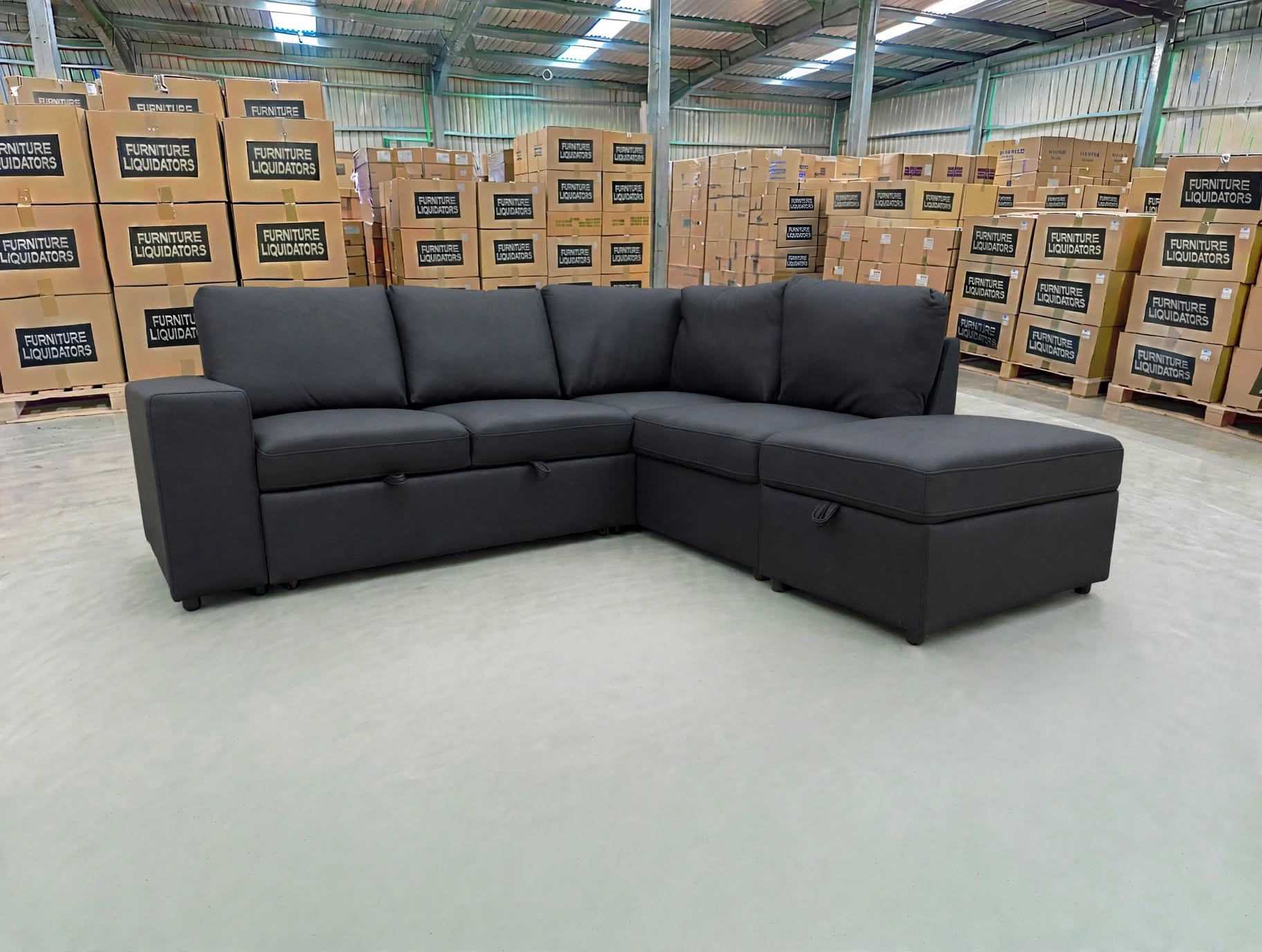 Denzo RHF Chaise Lounge With Trundle Bed & Storage Ottoman Soft Black Rhino