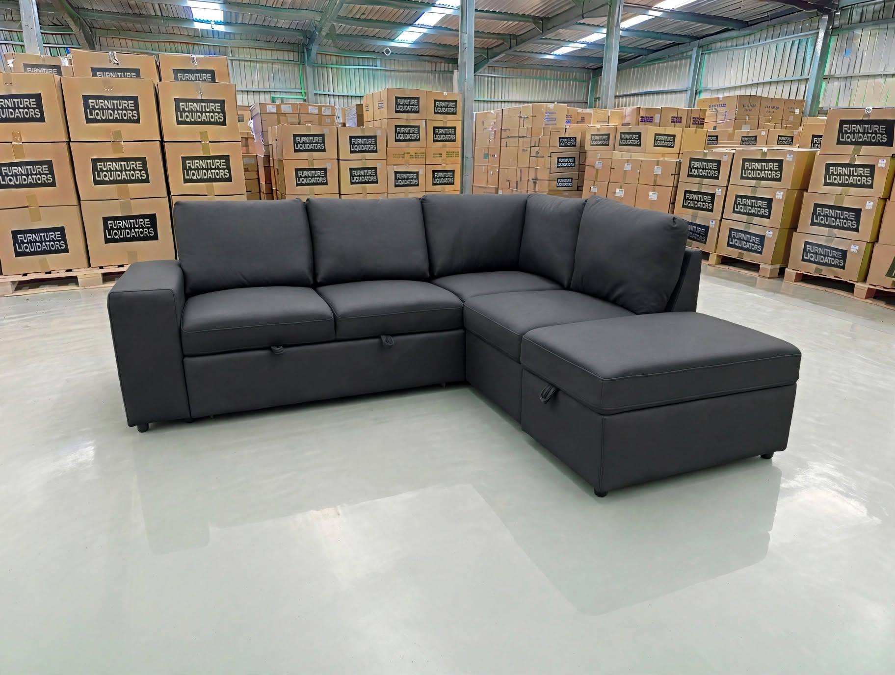 Denzo RHF Chaise Lounge With Trundle Bed & Storage Ottoman Soft Black Rhino