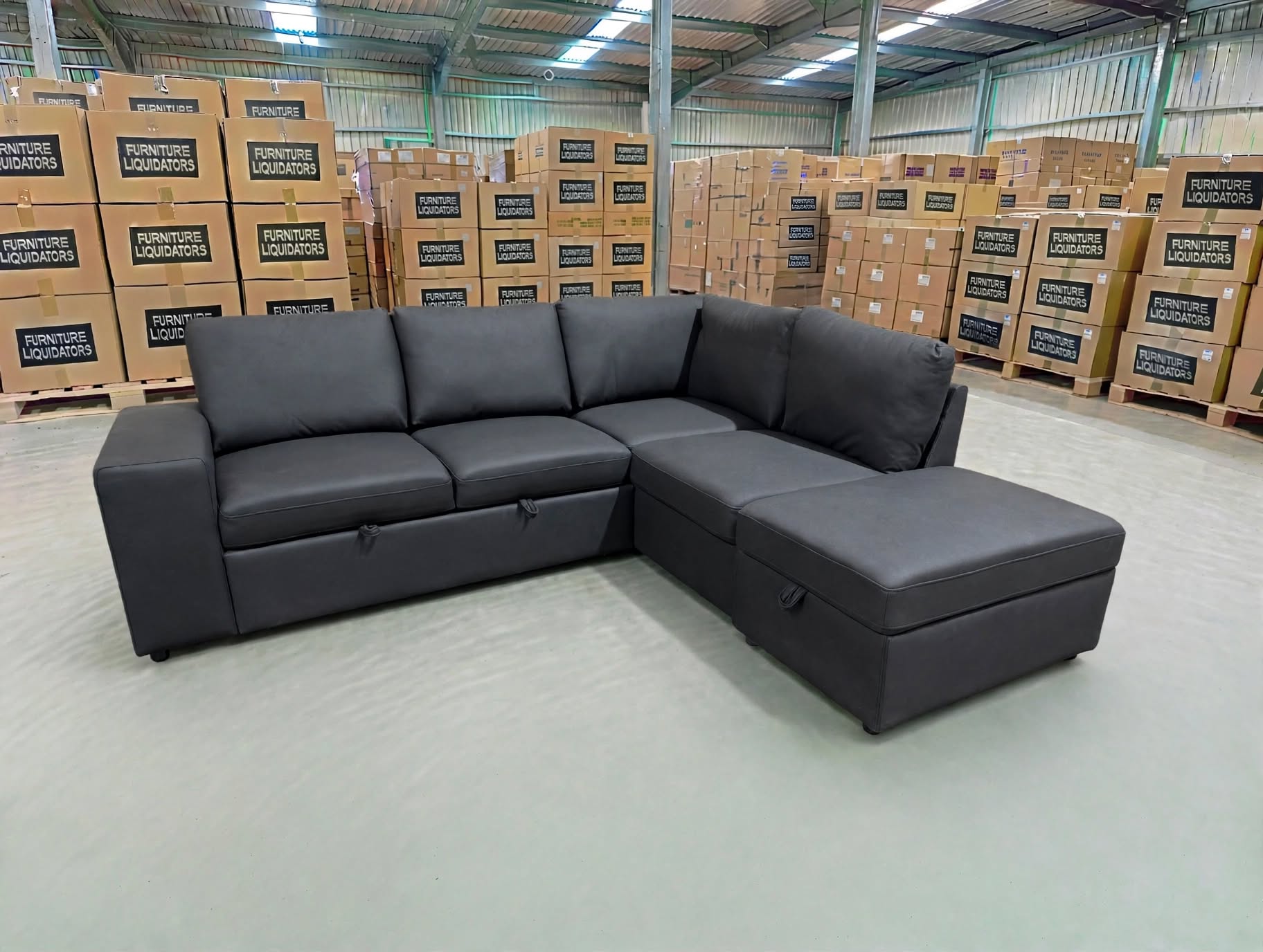 Denzo RHF Chaise Lounge With Trundle Bed & Storage Ottoman Soft Black Rhino