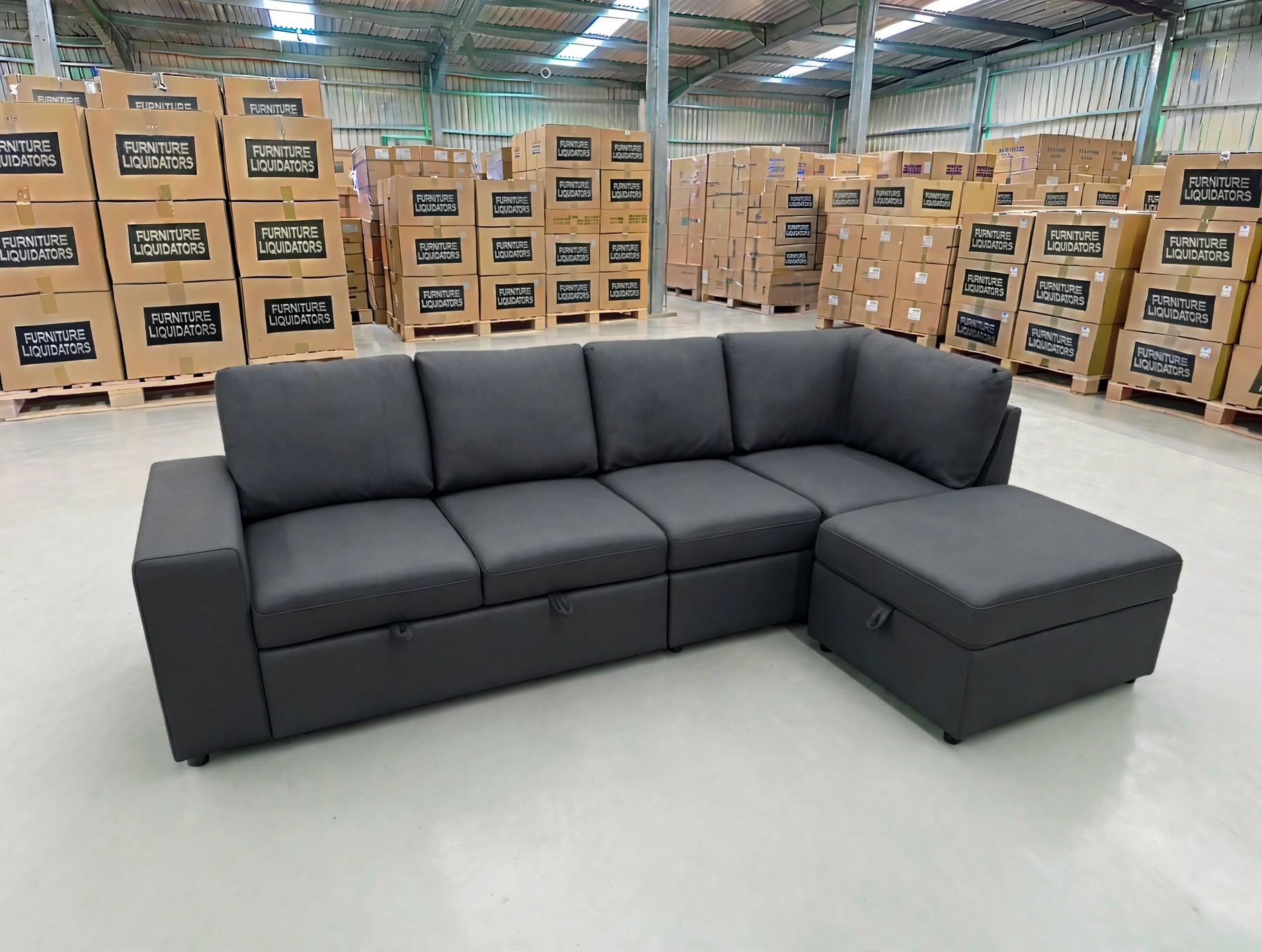 Denzo RHF Chaise Lounge With Trundle Bed & Storage Ottoman Soft Black Rhino