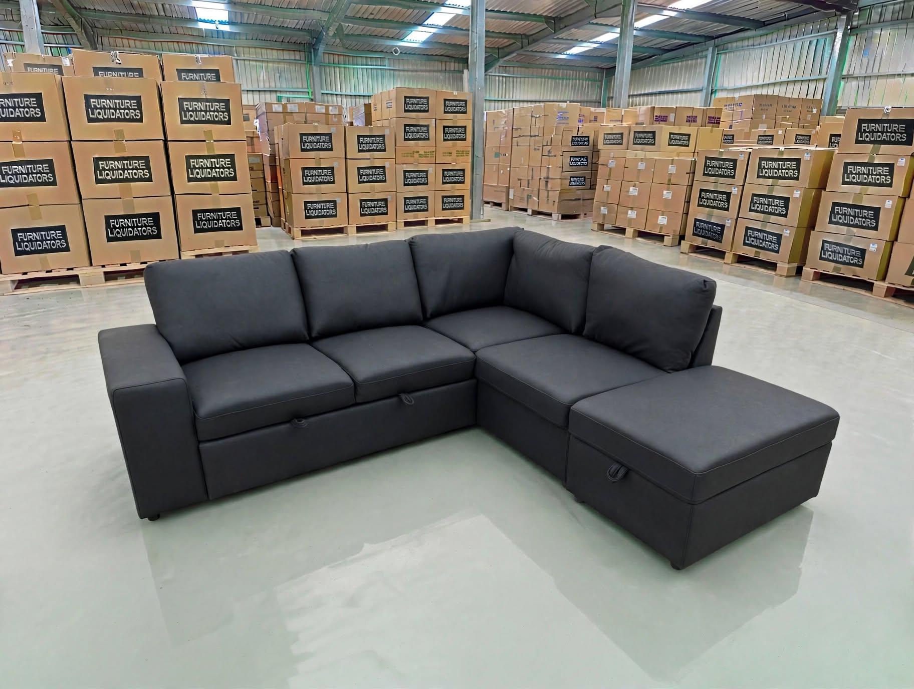 Denzo RHF Chaise Lounge With Trundle Bed & Storage Ottoman Soft Black Rhino