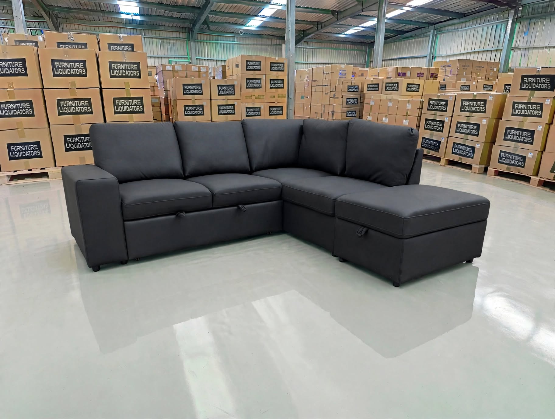 Denzo RHF Chaise Lounge With Trundle Bed & Storage Ottoman Soft Black Rhino