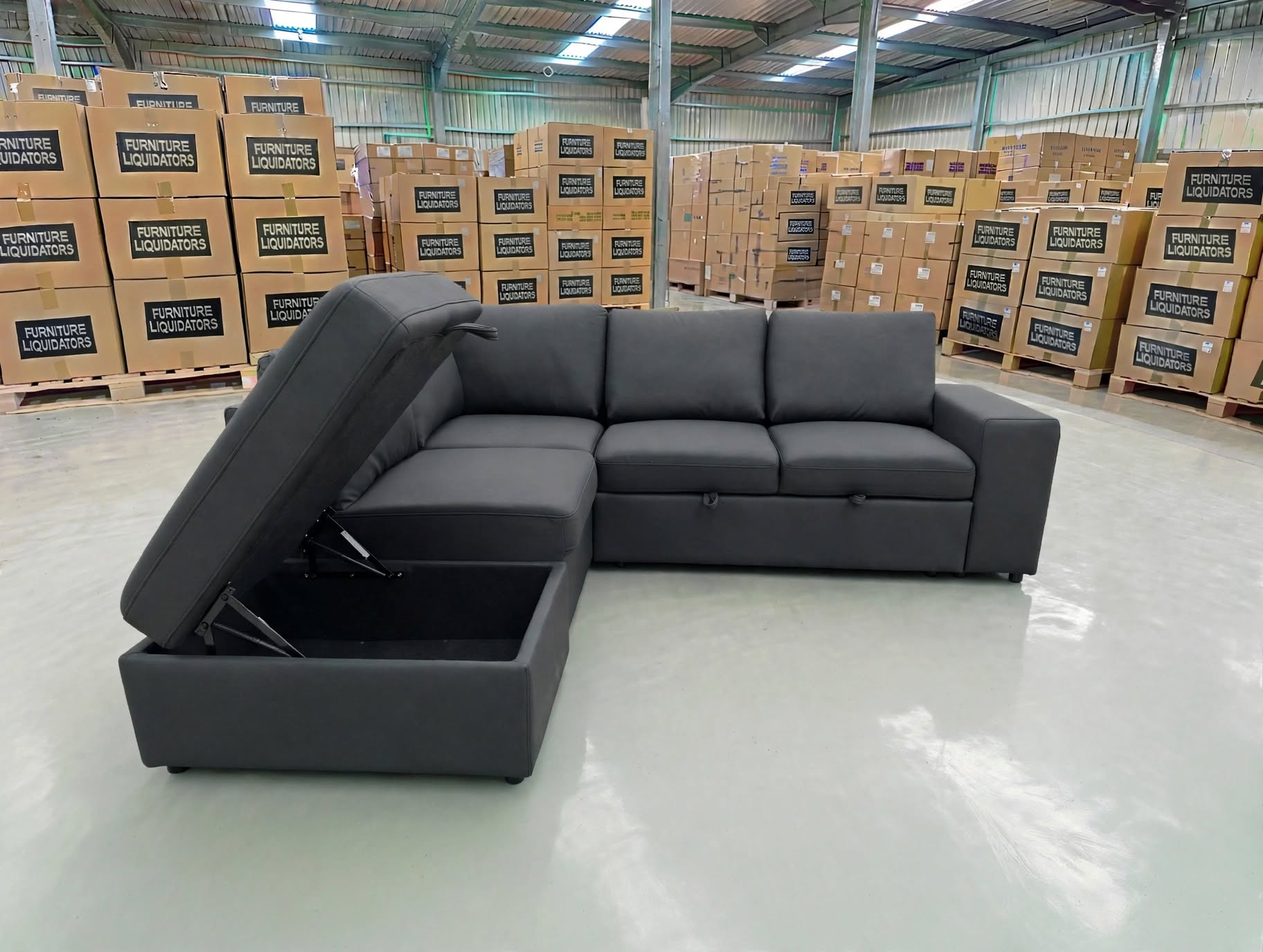 Denzo LHF Chaise Lounge With Trundle Bed & Storage Ottoman Soft Black Rhino