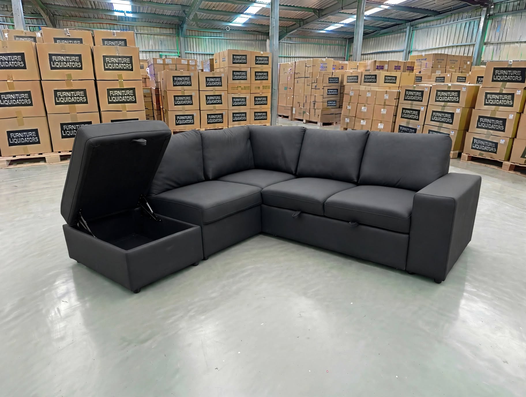 Denzo LHF Chaise Lounge With Trundle Bed & Storage Ottoman Soft Black Rhino