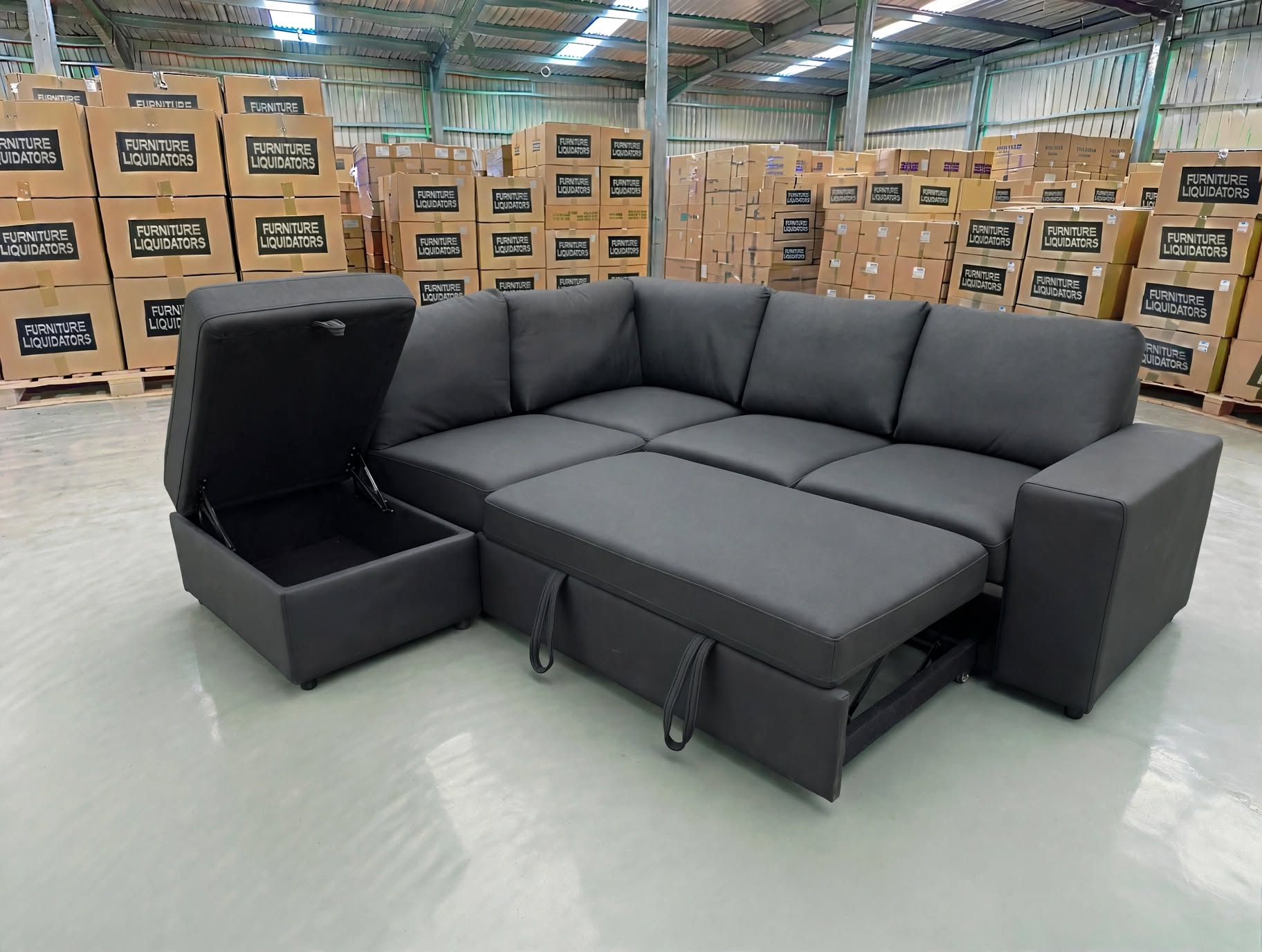 Denzo LHF Chaise Lounge With Trundle Bed & Storage Ottoman Soft Black Rhino