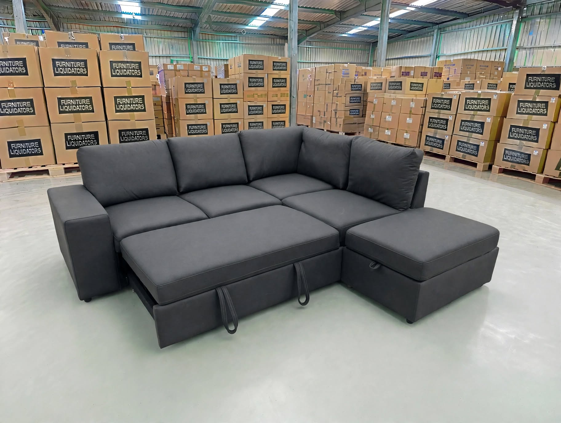 Denzo RHF Chaise Lounge With Trundle Bed & Storage Ottoman Soft Black Rhino