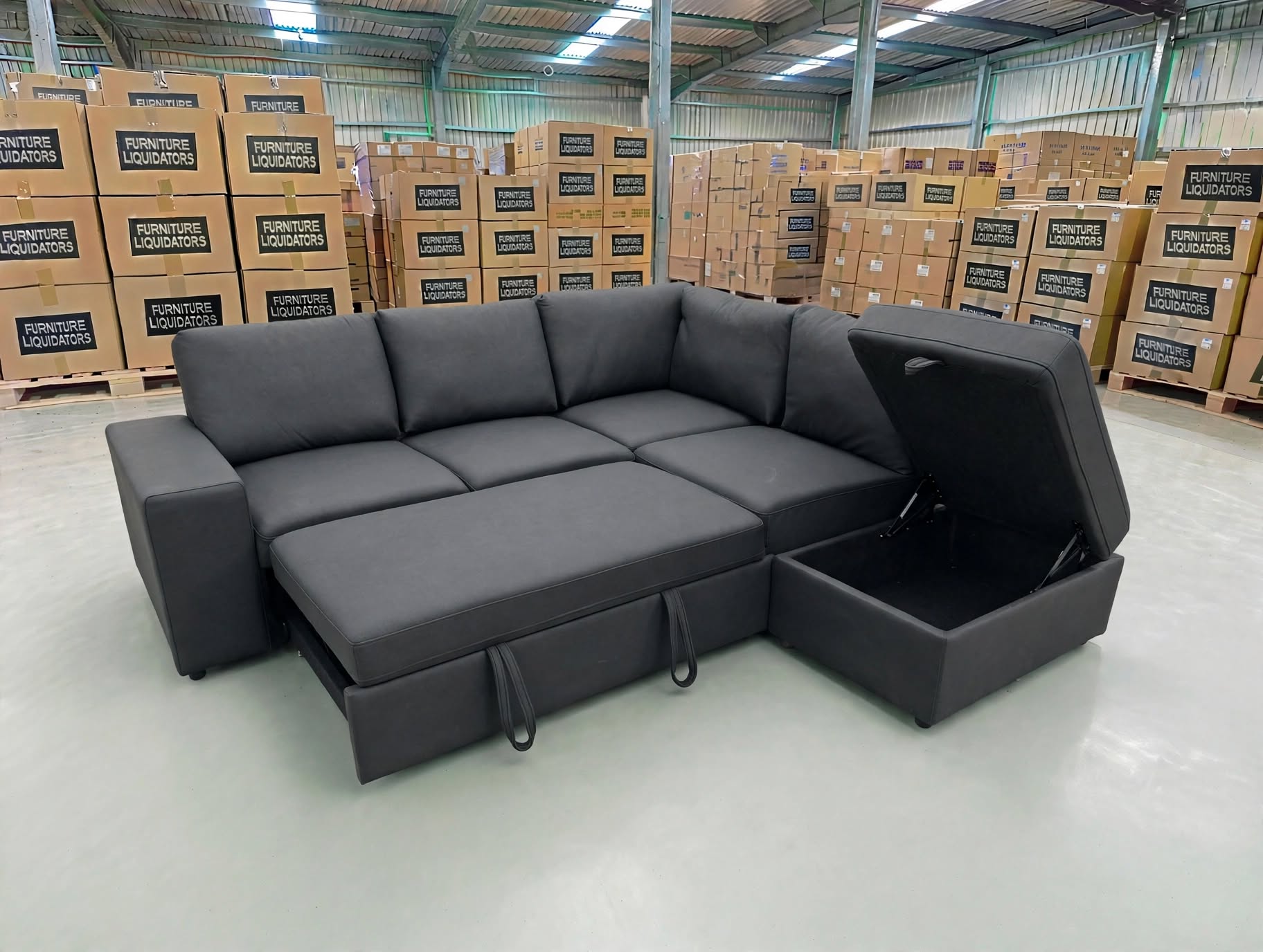 Denzo RHF Chaise Lounge With Trundle Bed & Storage Ottoman Soft Black Rhino