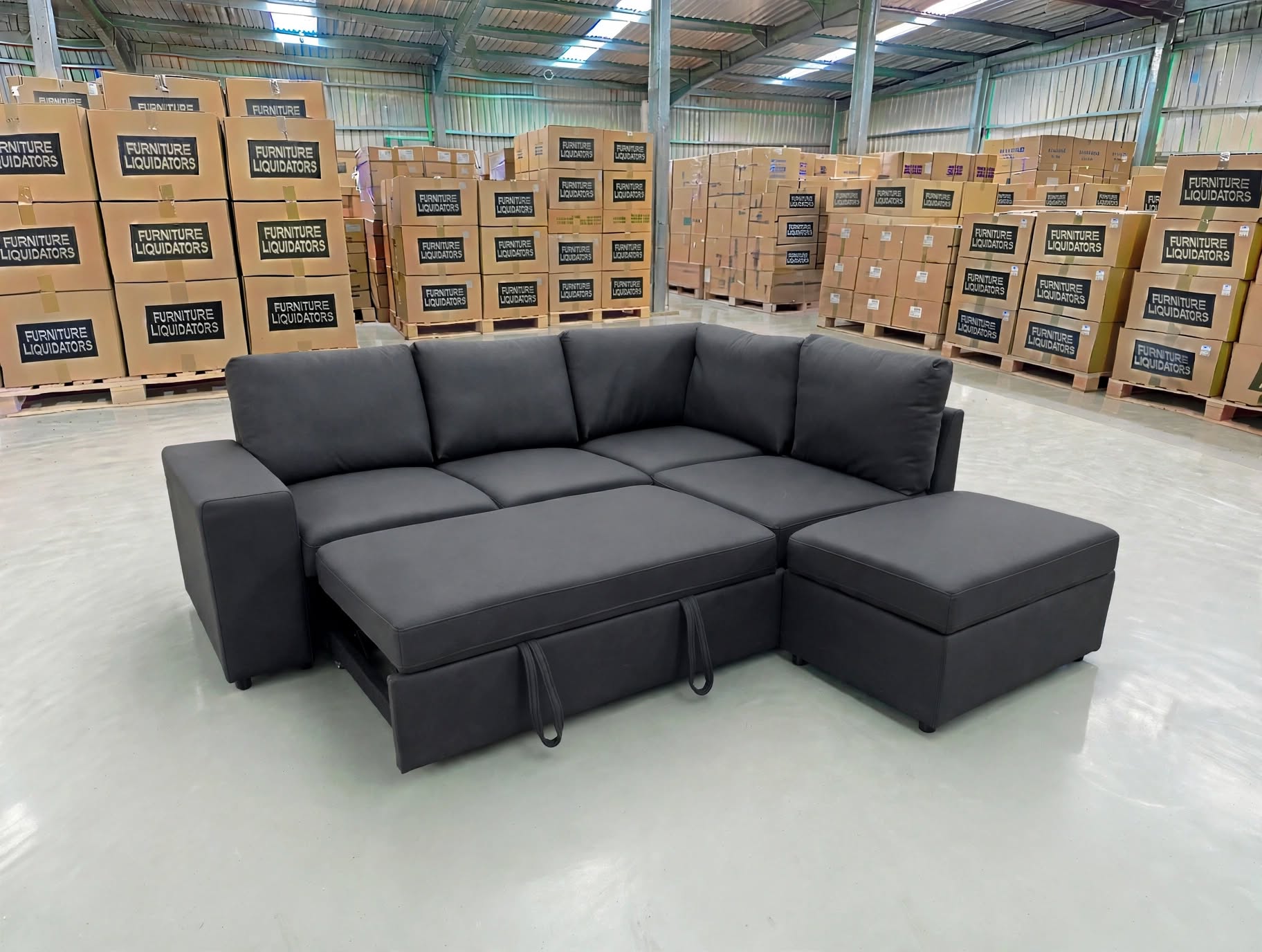 Denzo RHF Chaise Lounge With Trundle Bed & Storage Ottoman Soft Black Rhino
