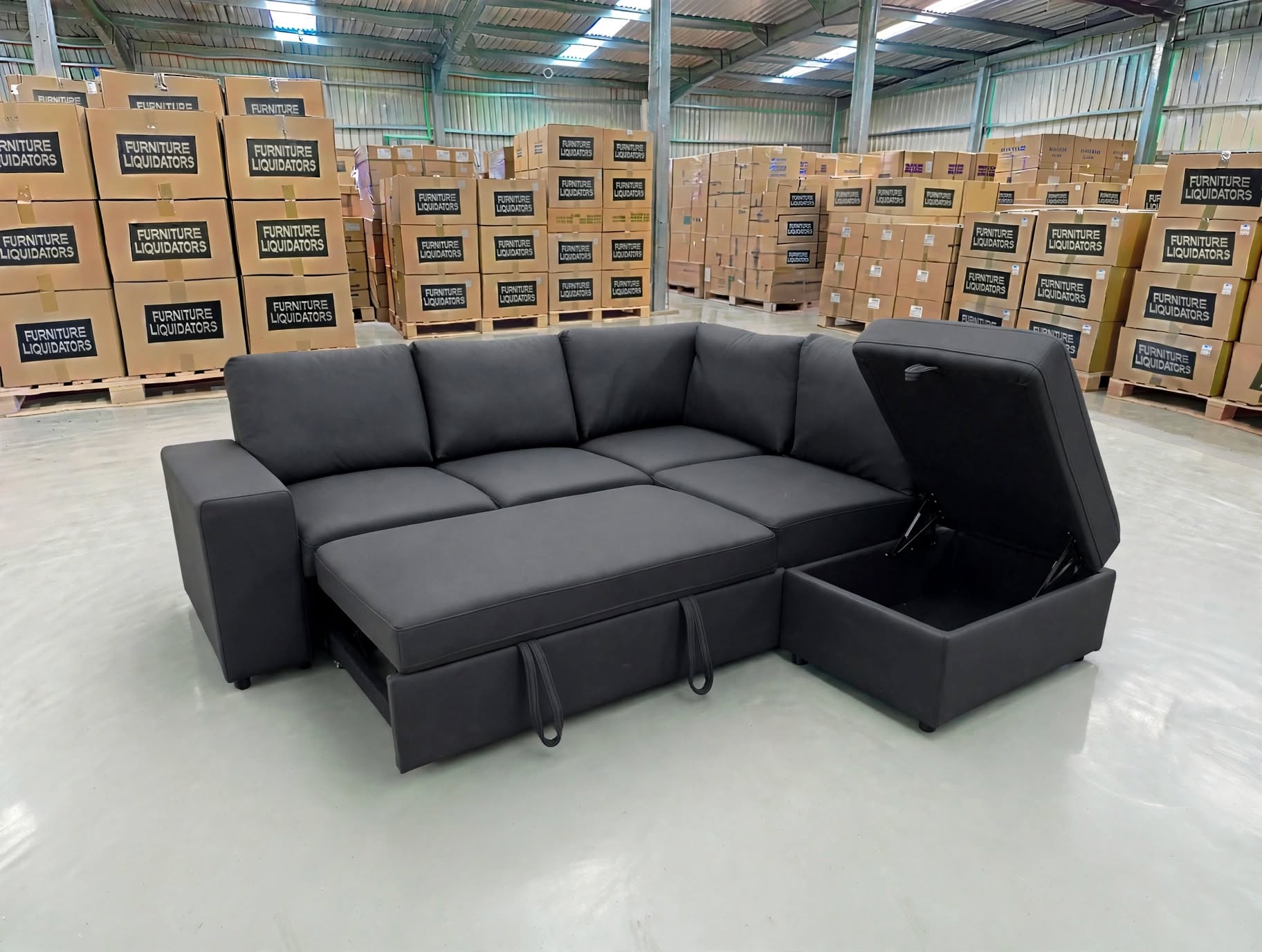 Denzo RHF Chaise Lounge With Trundle Bed & Storage Ottoman Soft Black Rhino
