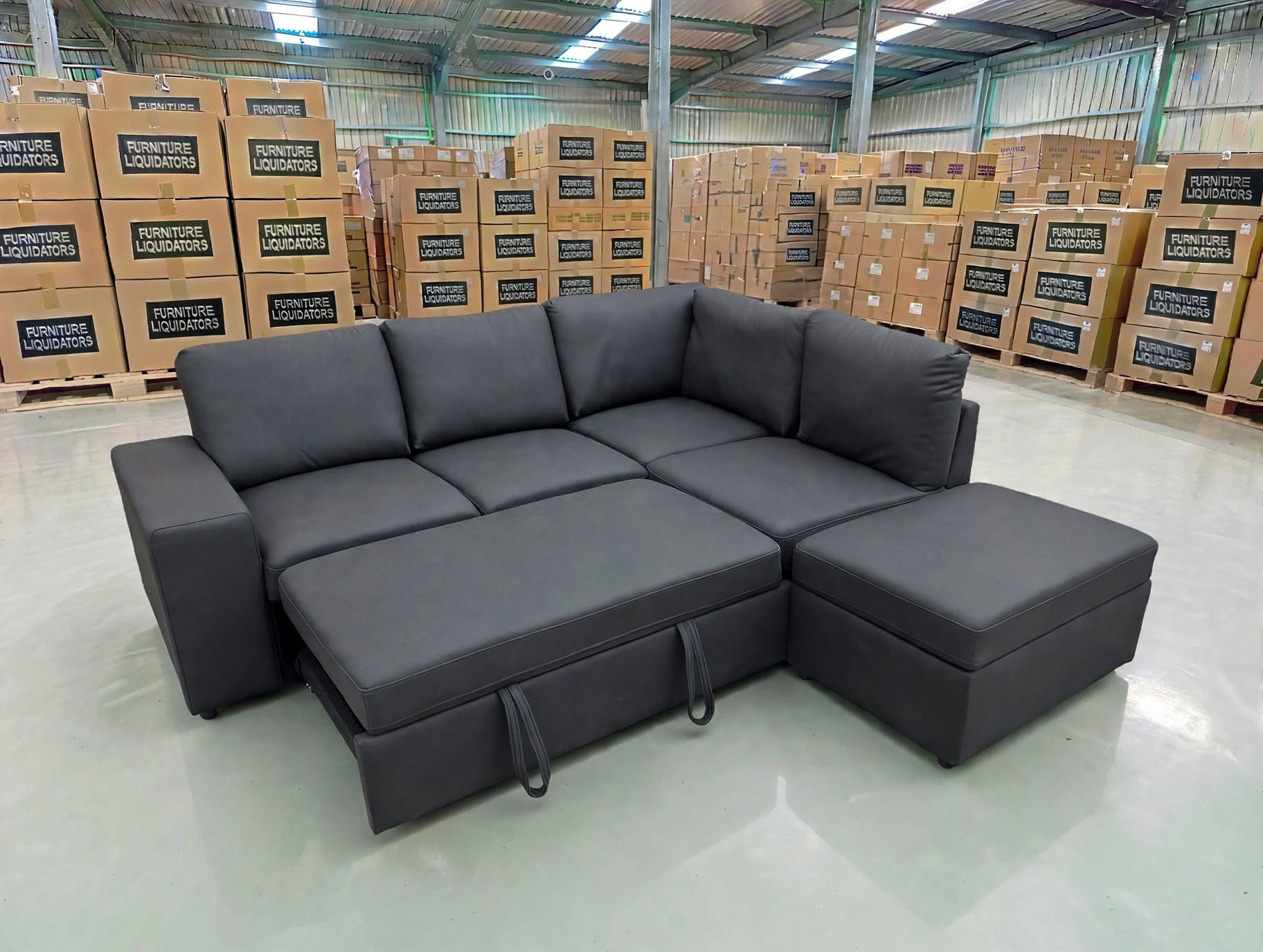 Denzo RHF Chaise Lounge With Trundle Bed & Storage Ottoman Soft Black Rhino