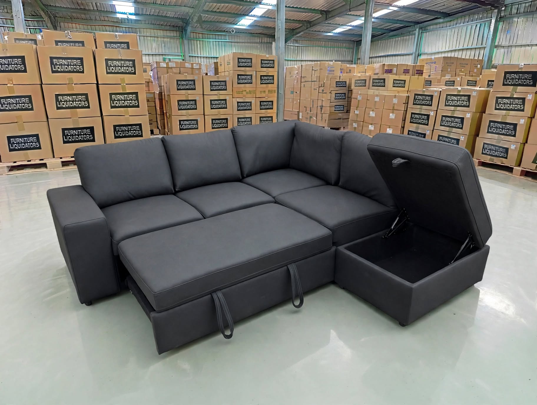 Denzo RHF Chaise Lounge With Trundle Bed & Storage Ottoman Soft Black Rhino