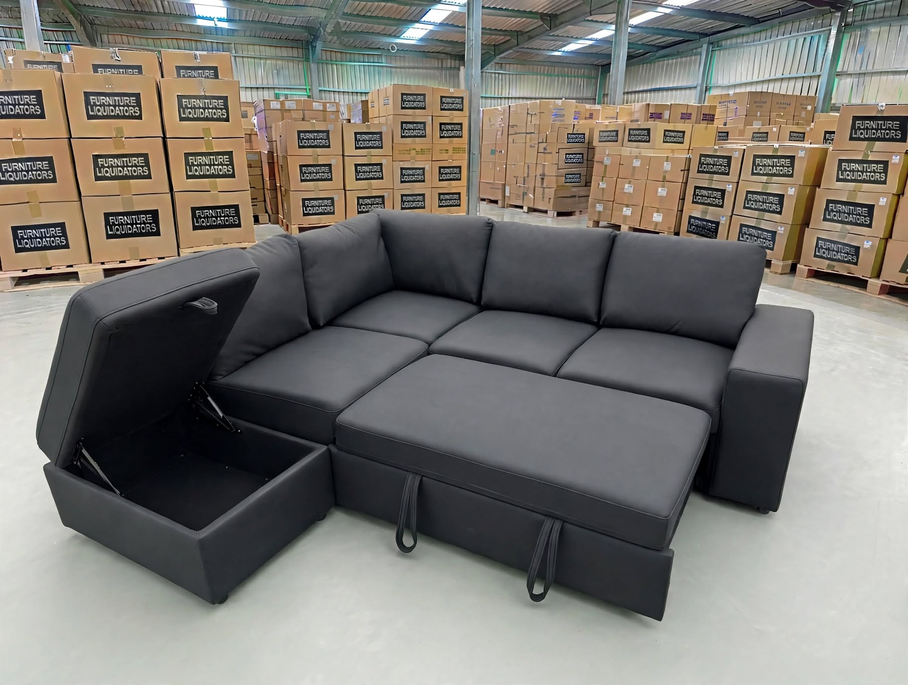Denzo LHF Chaise Lounge With Trundle Bed & Storage Ottoman Soft Black Rhino