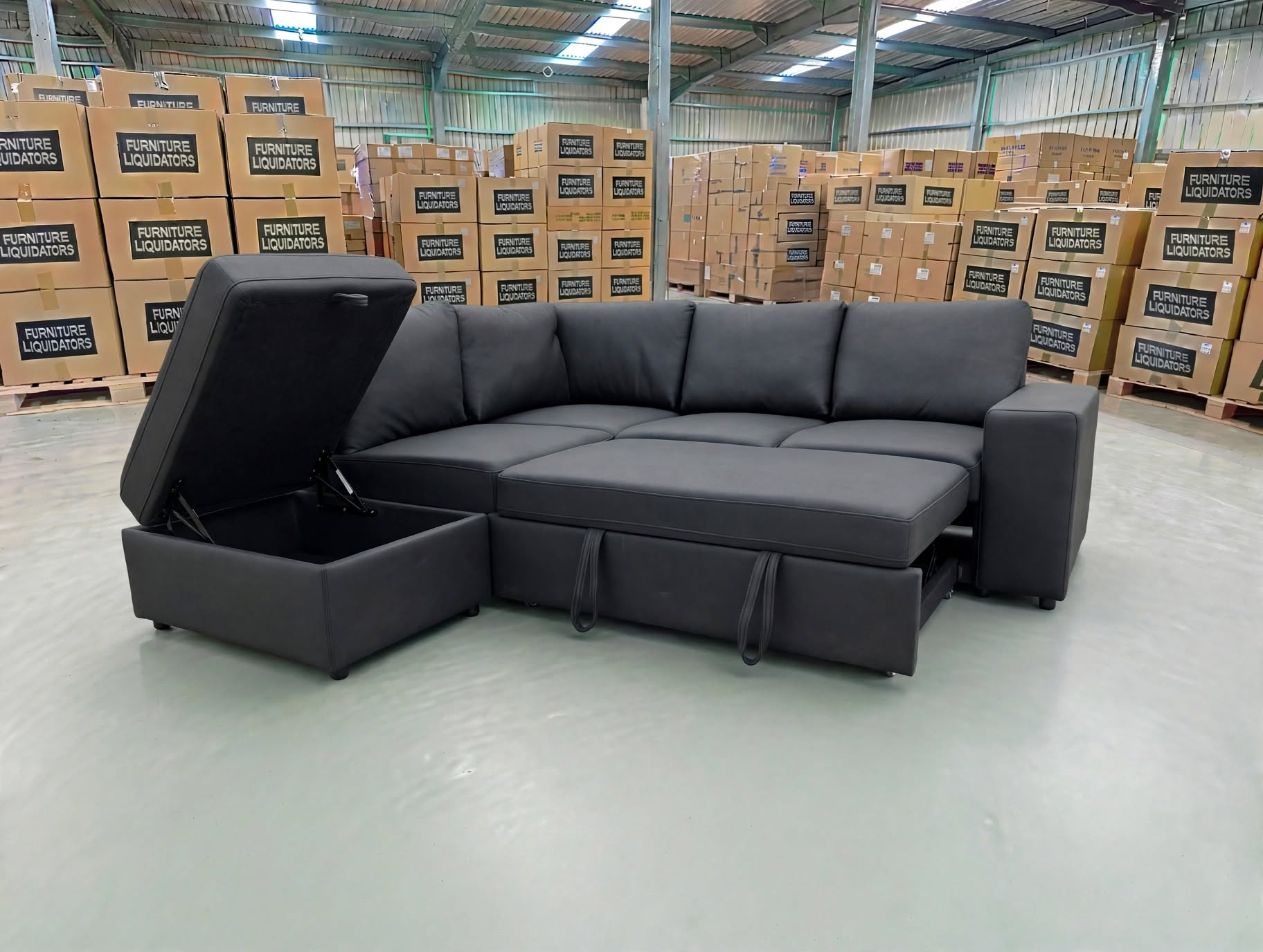 Denzo LHF Chaise Lounge With Trundle Bed & Storage Ottoman Soft Black Rhino