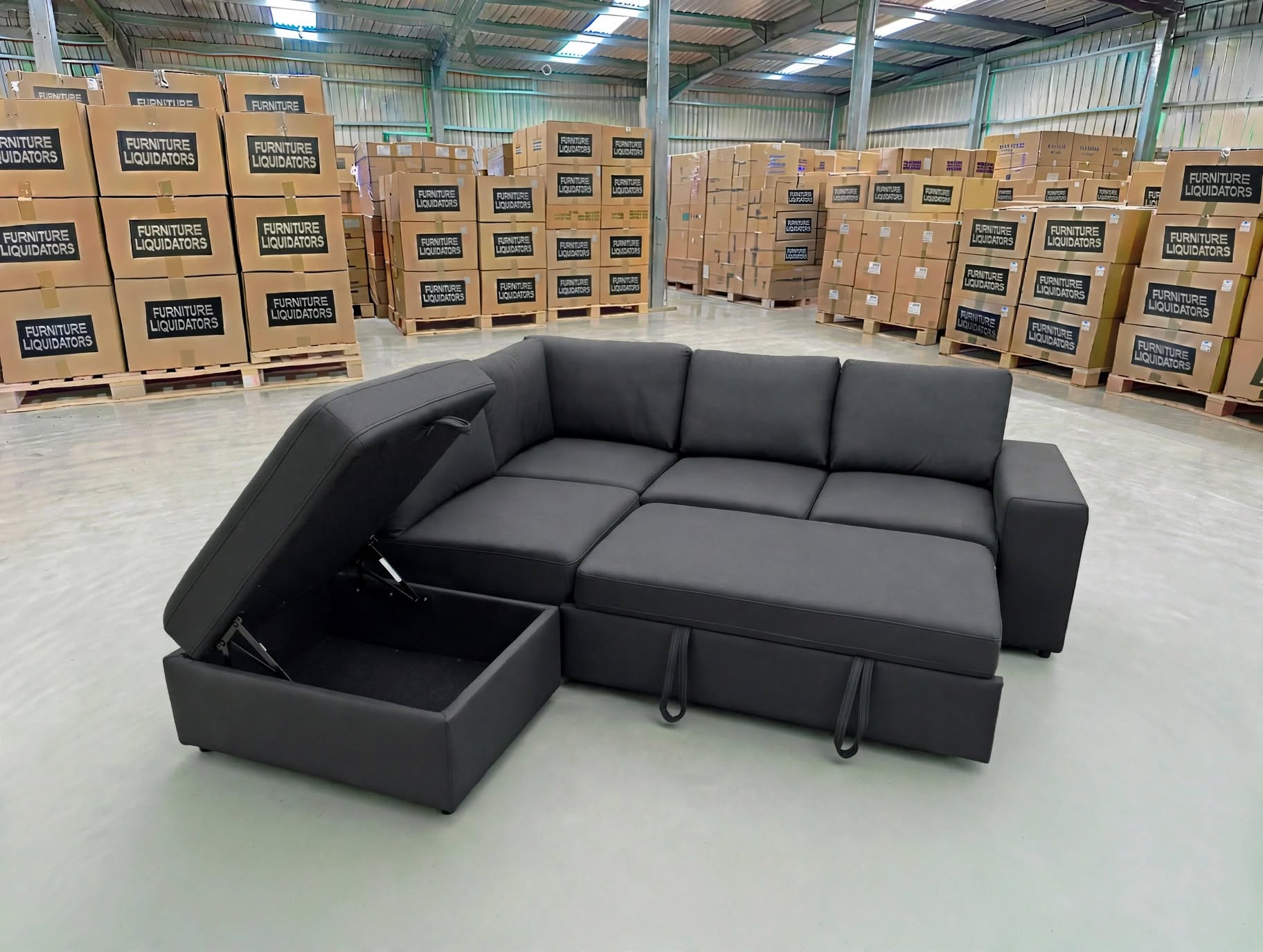 Denzo LHF Chaise Lounge With Trundle Bed & Storage Ottoman Soft Black Rhino