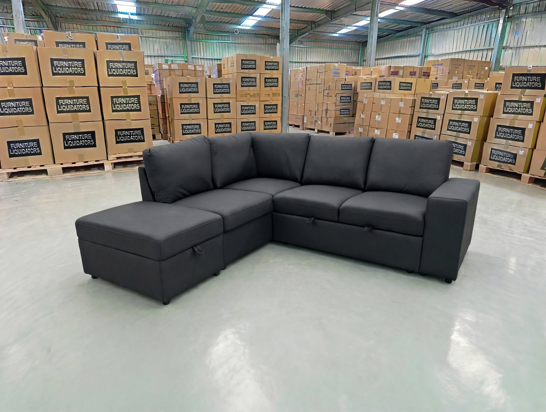 Denzo LHF Chaise Lounge With Trundle Bed & Storage Ottoman Soft Black Rhino
