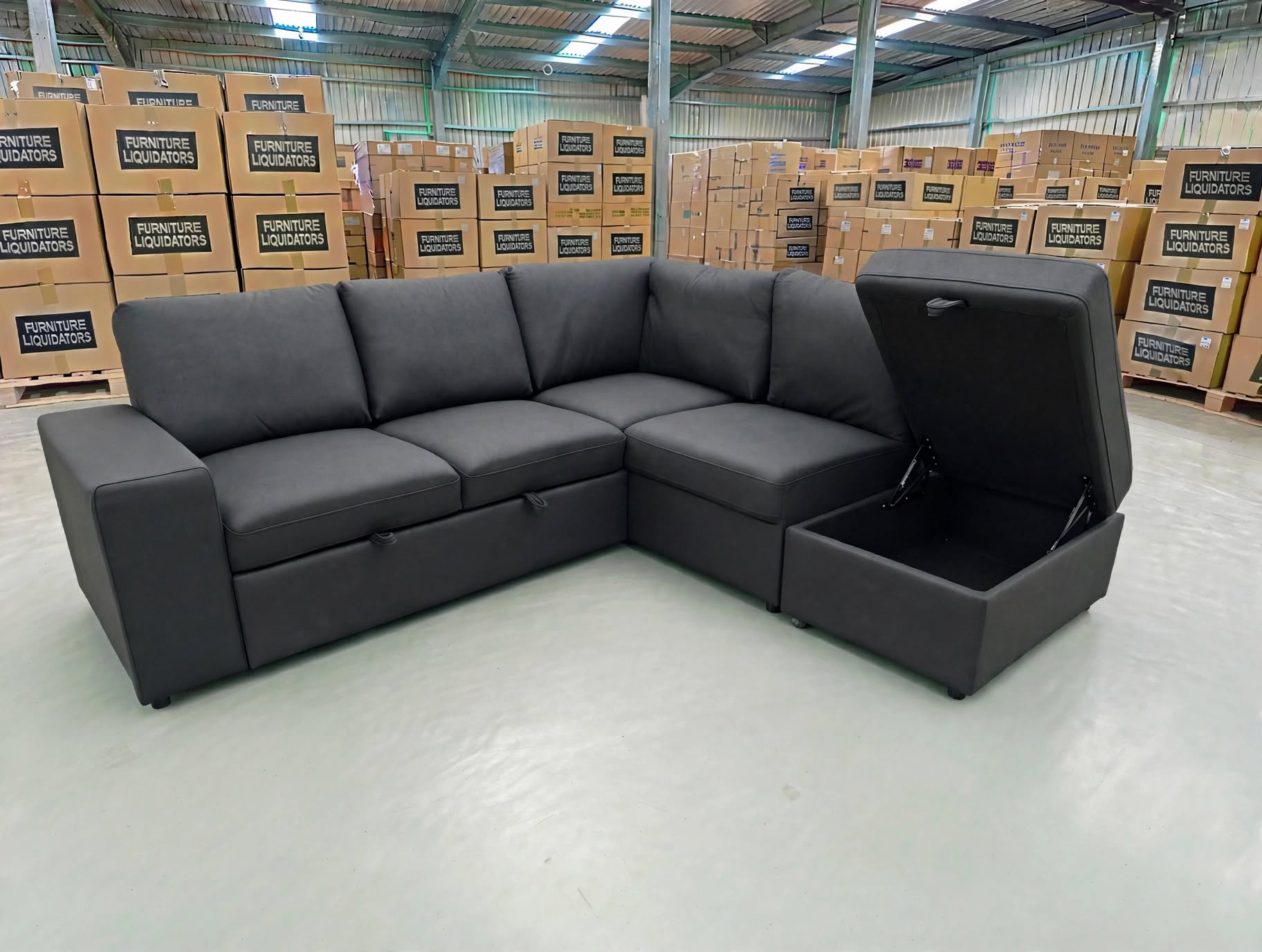 Denzo RHF Chaise Lounge With Trundle Bed & Storage Ottoman Soft Black Rhino