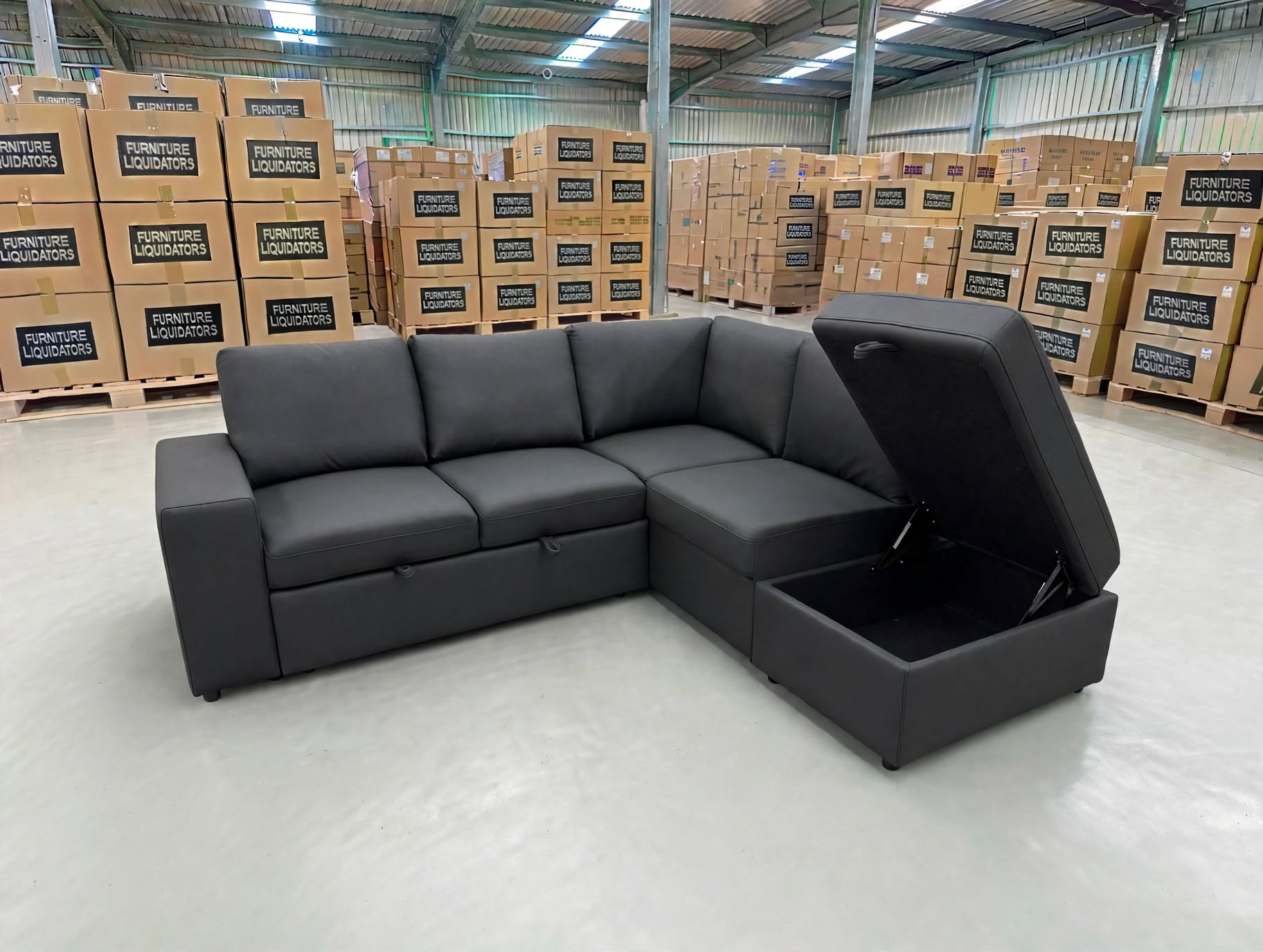 Denzo RHF Chaise Lounge With Trundle Bed & Storage Ottoman Soft Black Rhino