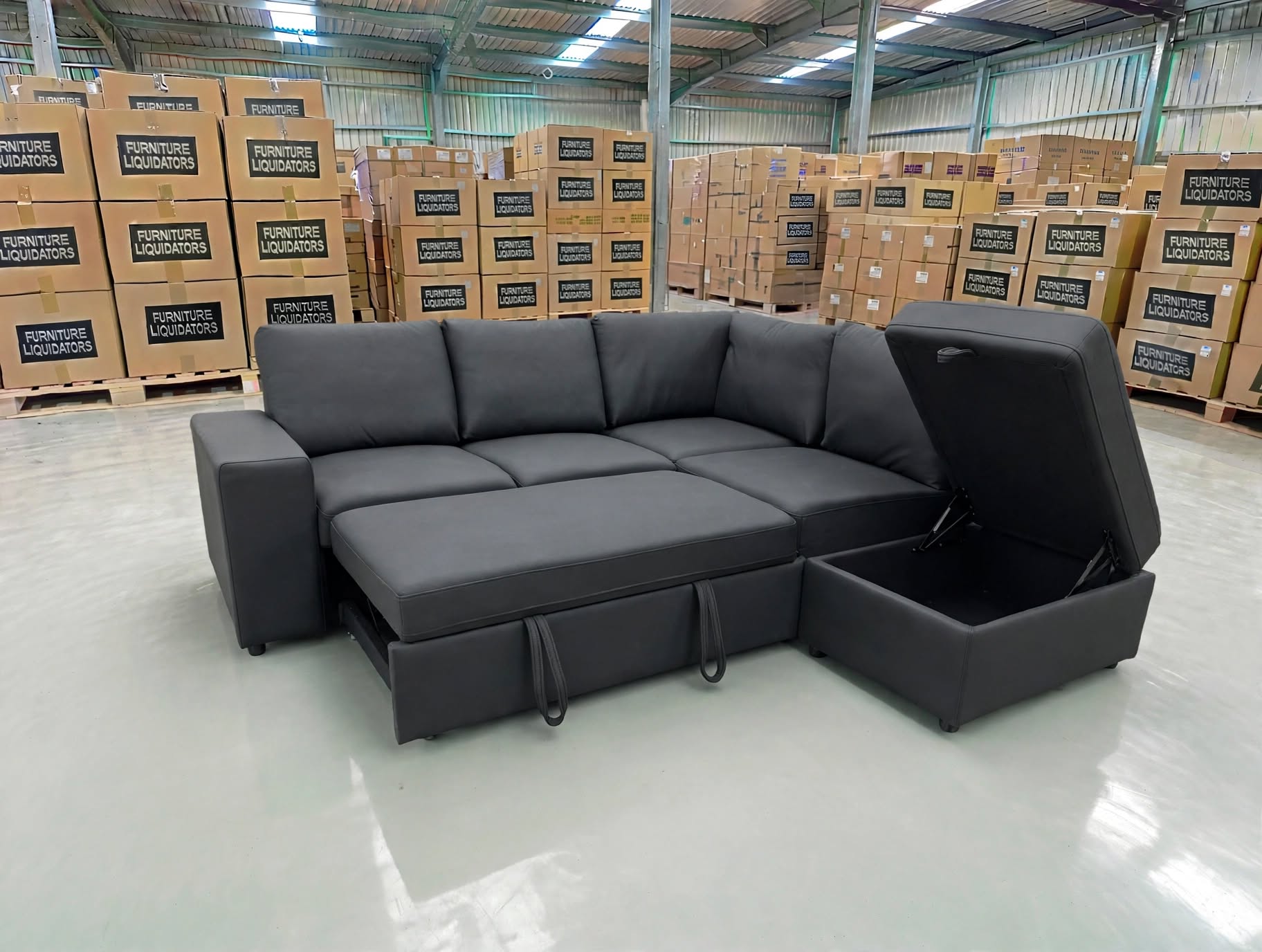 Denzo RHF Chaise Lounge With Trundle Bed & Storage Ottoman Soft Black Rhino