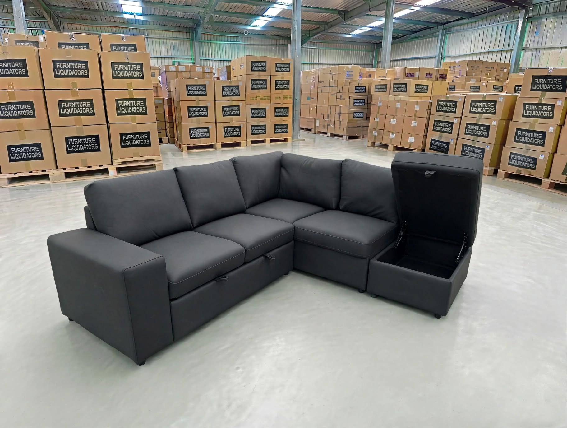 Denzo RHF Chaise Lounge With Trundle Bed & Storage Ottoman Soft Black Rhino