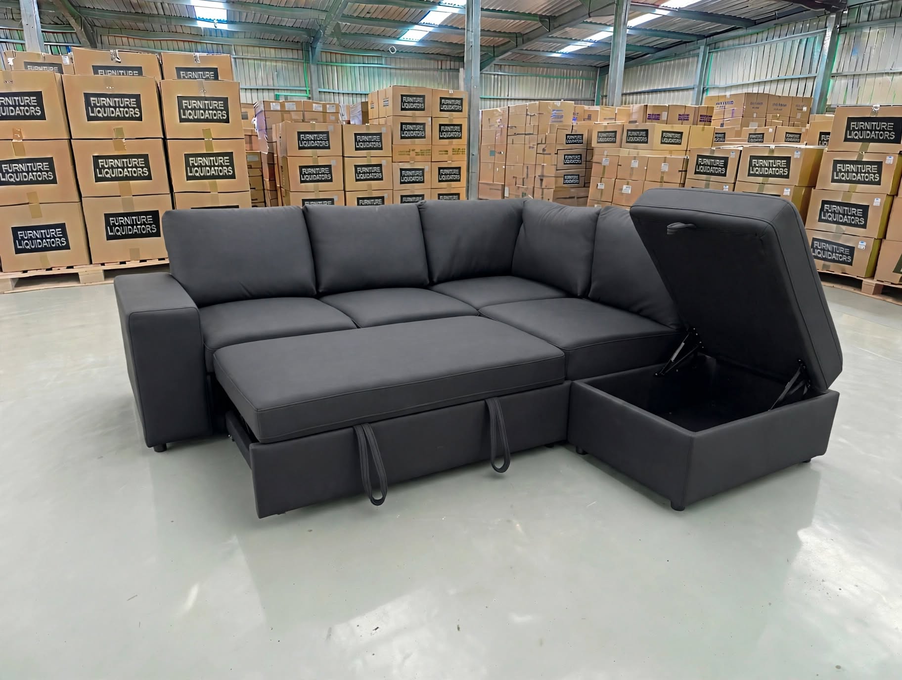 Denzo RHF Chaise Lounge With Trundle Bed & Storage Ottoman Soft Black Rhino