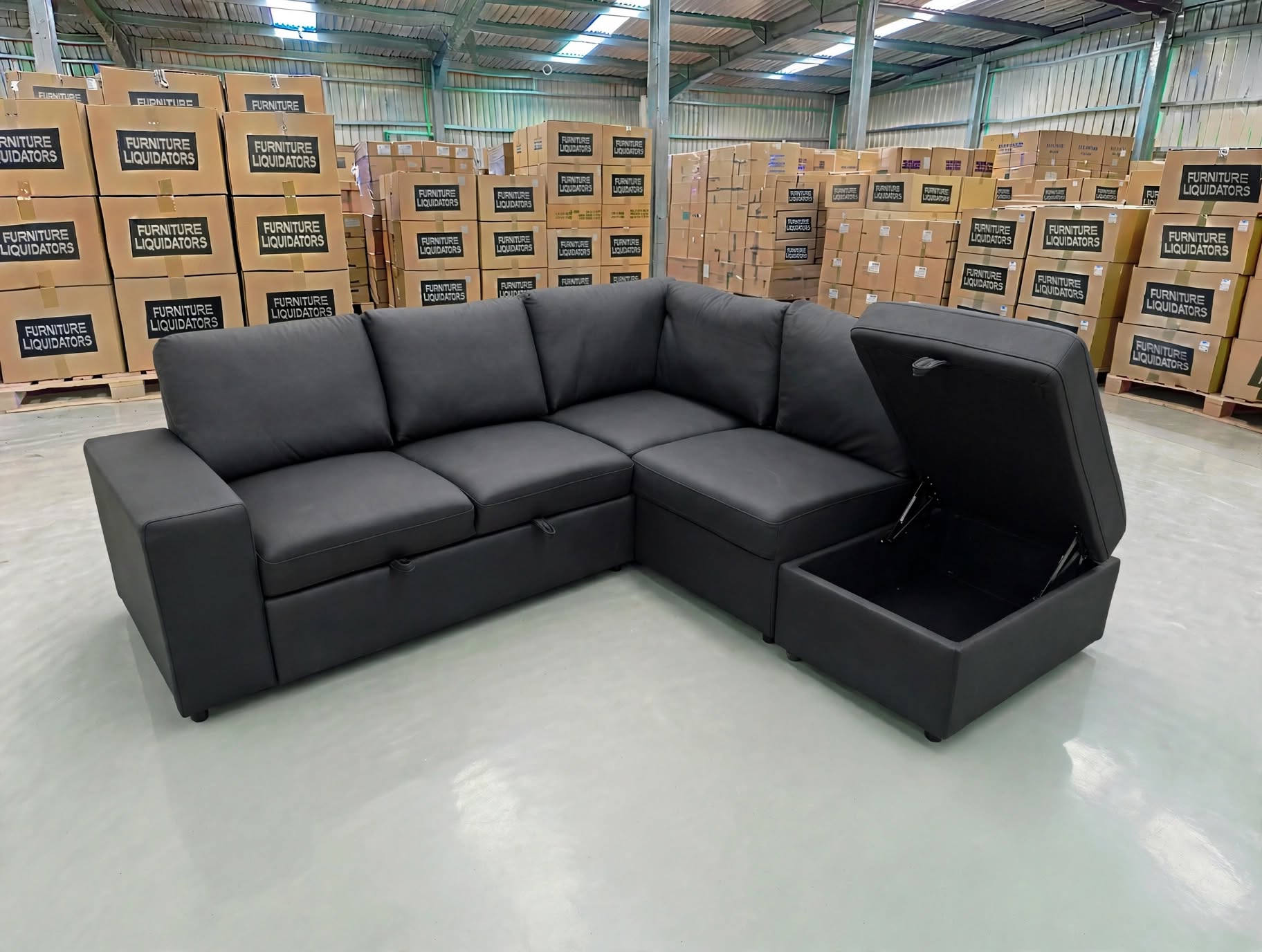 Denzo RHF Chaise Lounge With Trundle Bed & Storage Ottoman Soft Black Rhino