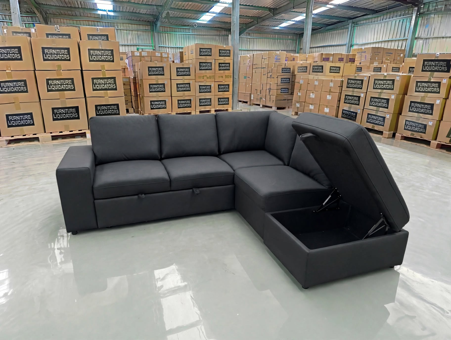 Denzo RHF Chaise Lounge With Trundle Bed & Storage Ottoman Soft Black Rhino