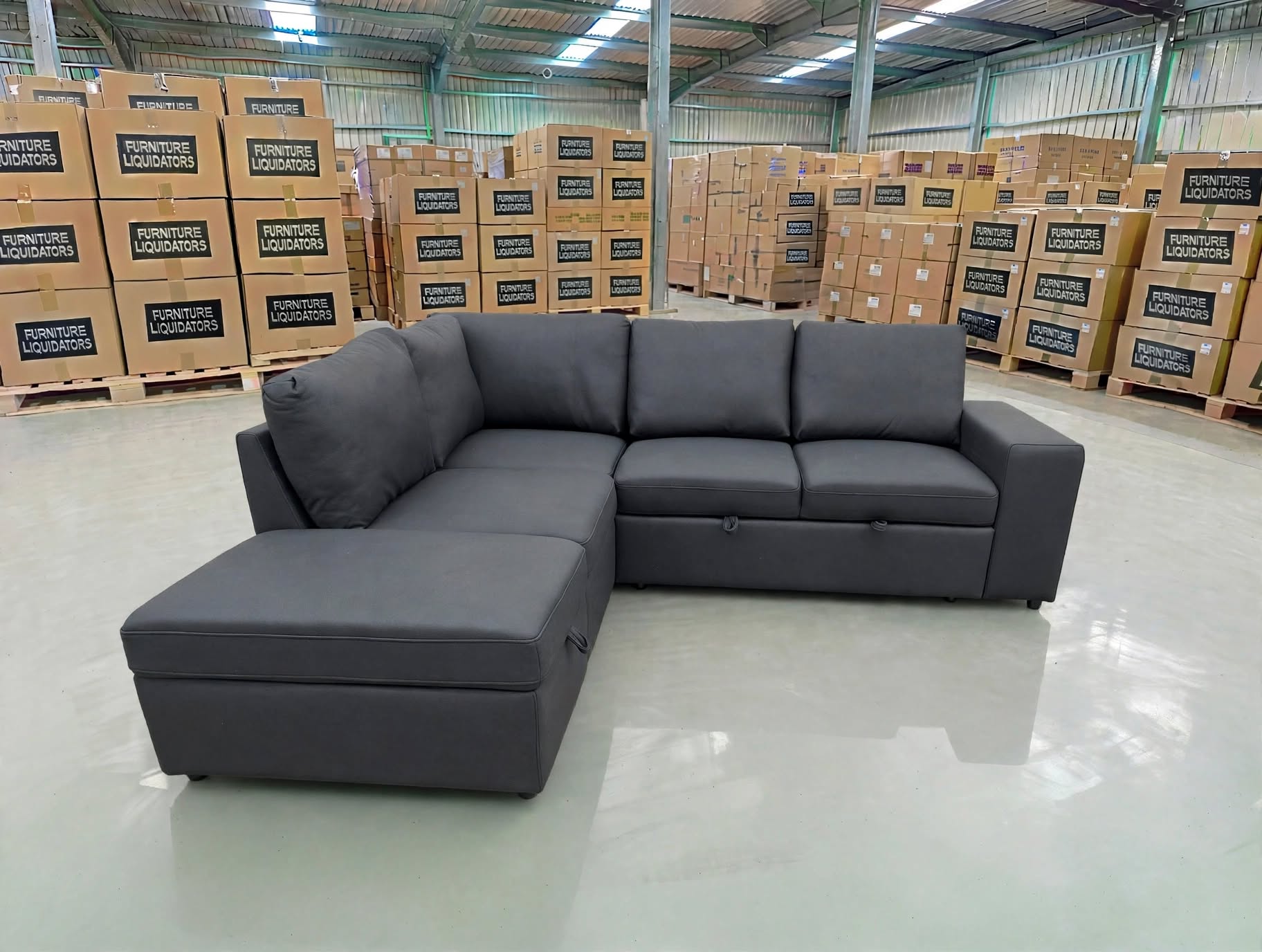 Denzo LHF Chaise Lounge With Trundle Bed & Storage Ottoman Soft Black Rhino